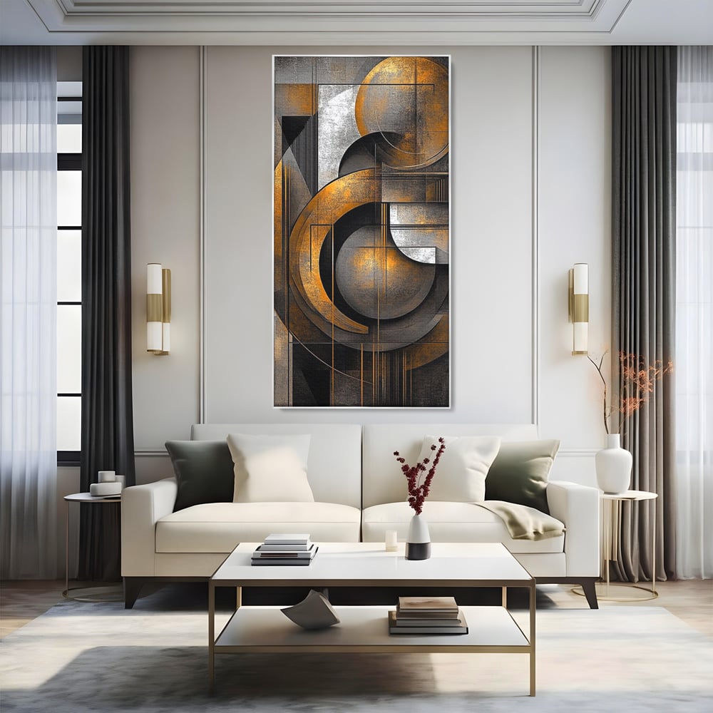 Tablou canvas cu tablou canvas geometric cu cercuri aurii si gri, in rama de aluminiu argintiu, pe perete intr-un living